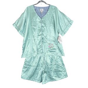 Vtg EJC Intimates 3X Satin PJ Set Short + S/S Button Shirt Teal Embroidered NWT